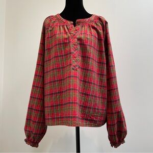 Chaps Plaid Peasant Blouse Red Green Long Sleeve Boho Top Size L